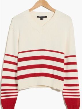 New French Connection Stripe V-Neck Sweater Cream Red Medium